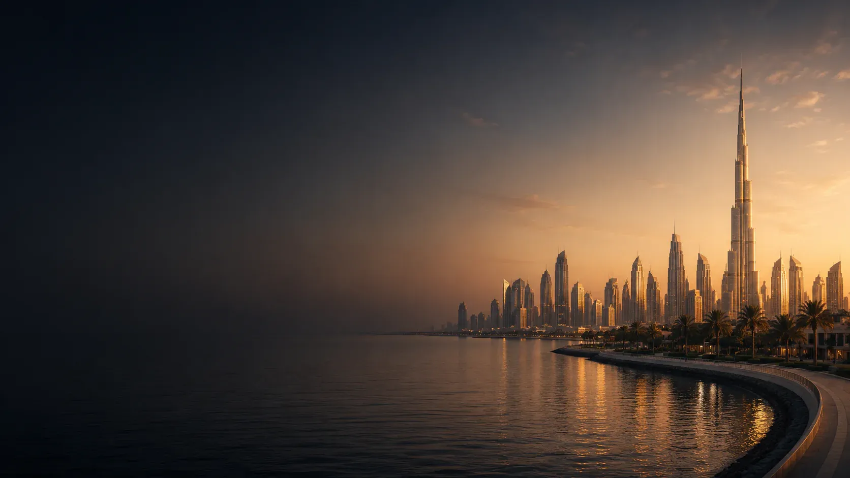 Dubai skyline at dusk with the Burj Khalifa