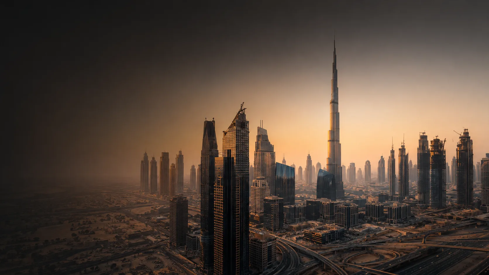 The Dubai skyline at dusk
